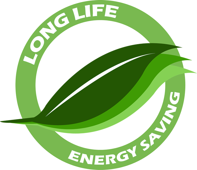 Bra Miljöval symbol, symbolen är ett grönt löv och i en cirkel runt lövet står det long life och energy saving. 